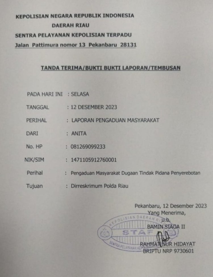 Diserobot Tanahnya, Anita Kadukan Kadis Pertanahan Pekanbaru Ke Polda Riau