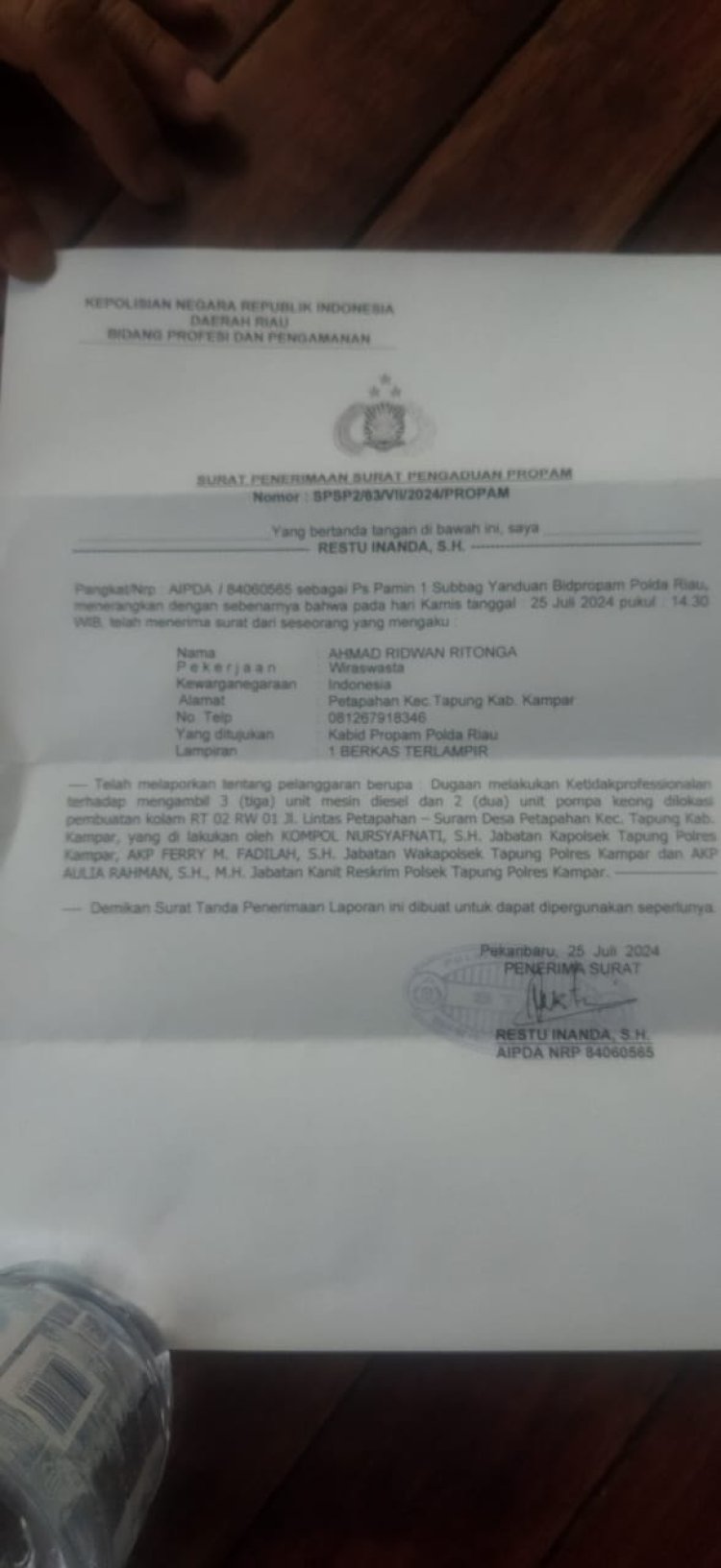 Polsek Tapung Tidak Profesional Diadukan Ke Propam Polda Riau