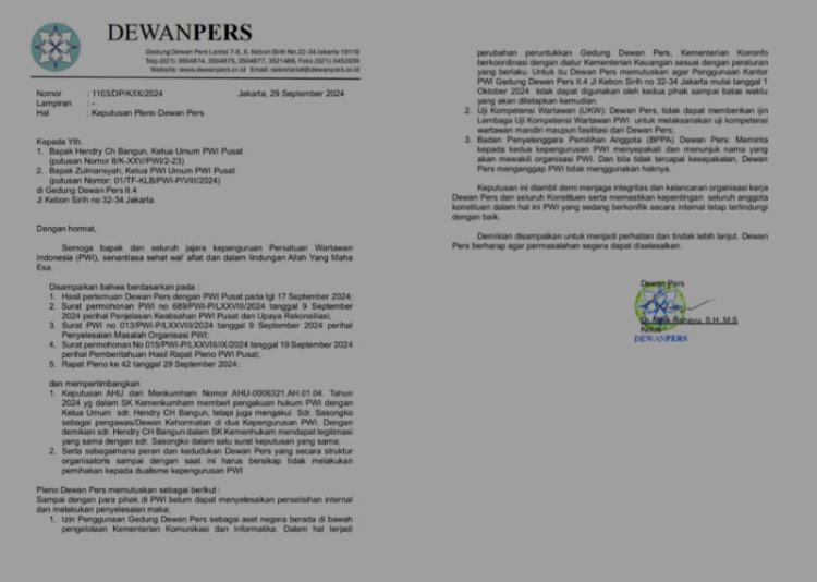 KEPUTUSAN DEWAN PERS: KEDUA KUBU PWI PUSAT TIDAK BOLEH BERKANTOR DI GEDUNG DEWAN PERS