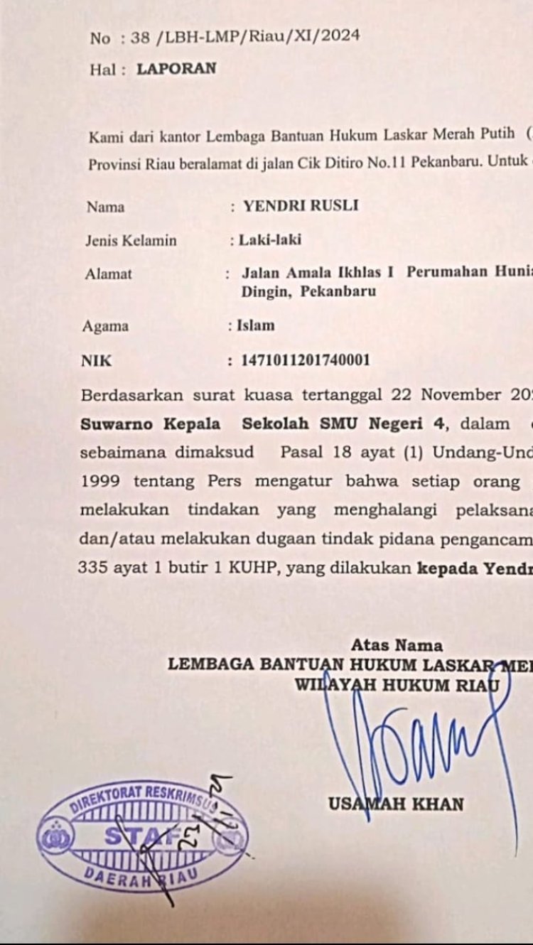 Oknum Kepala Sekolah Mengancam Wartawan Dilaporkan Ke Polda Riau