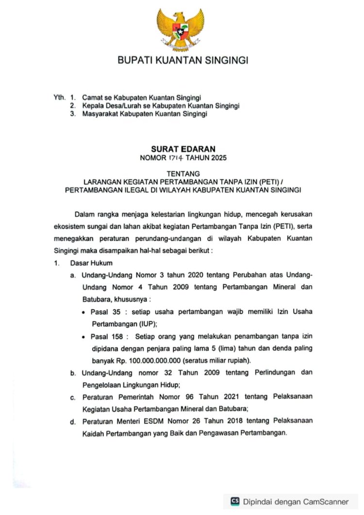 Pemerintah Kuansing Buat Surat Edaran Larangan PETI, Kerugian 6,6 Milyar Setiap Hari
