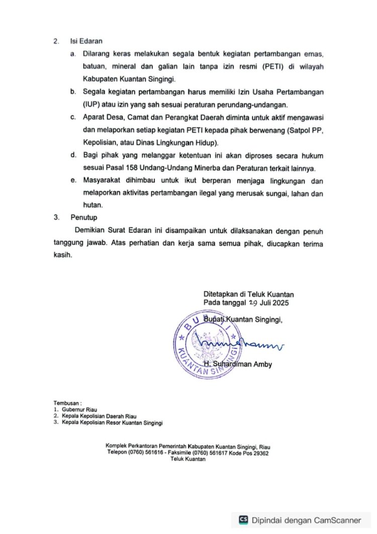 Pemerintah Kuansing Buat Surat Edaran Larangan PETI, Kerugian 6,6 Milyar Setiap Hari